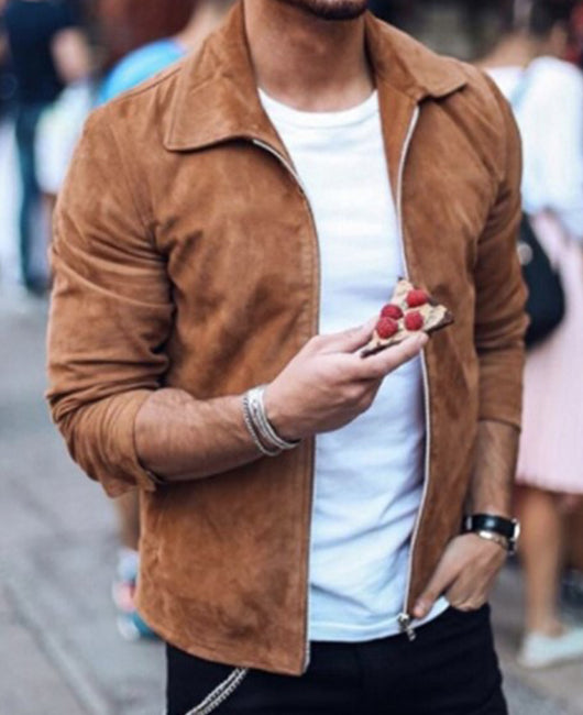 Zipper Up Collared Suede Jacket