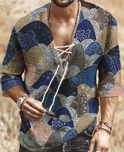 Casual Tribal Print Lace Up V Neck Half Sleeve Loose Shirt